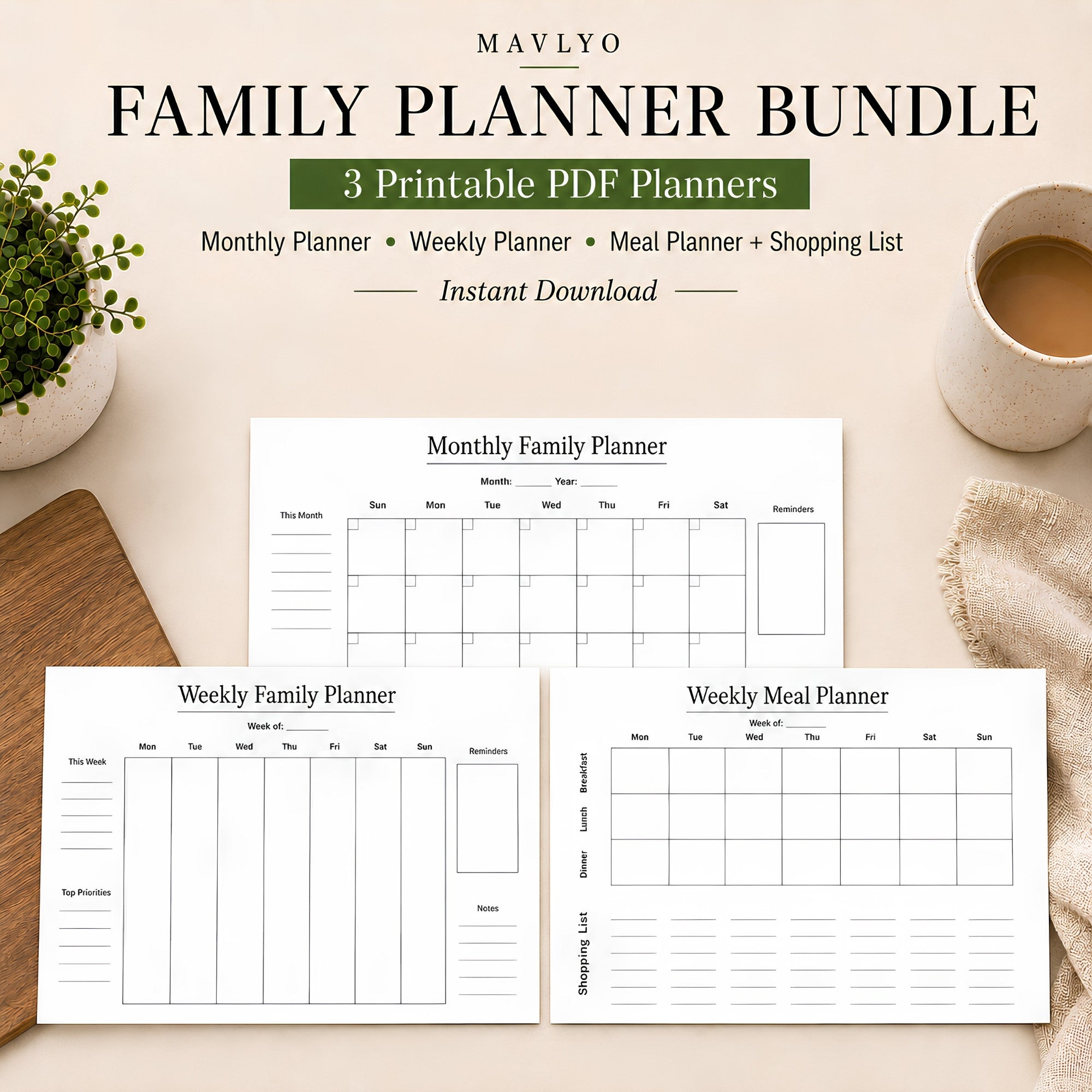 Family planner bundle with monthly, weekly, and meal planners on a table with a plant and mug.