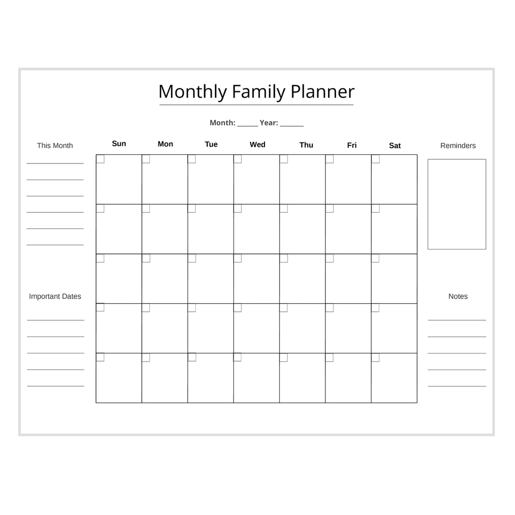 Blank monthly family planner with calendar grid and additional notes space.