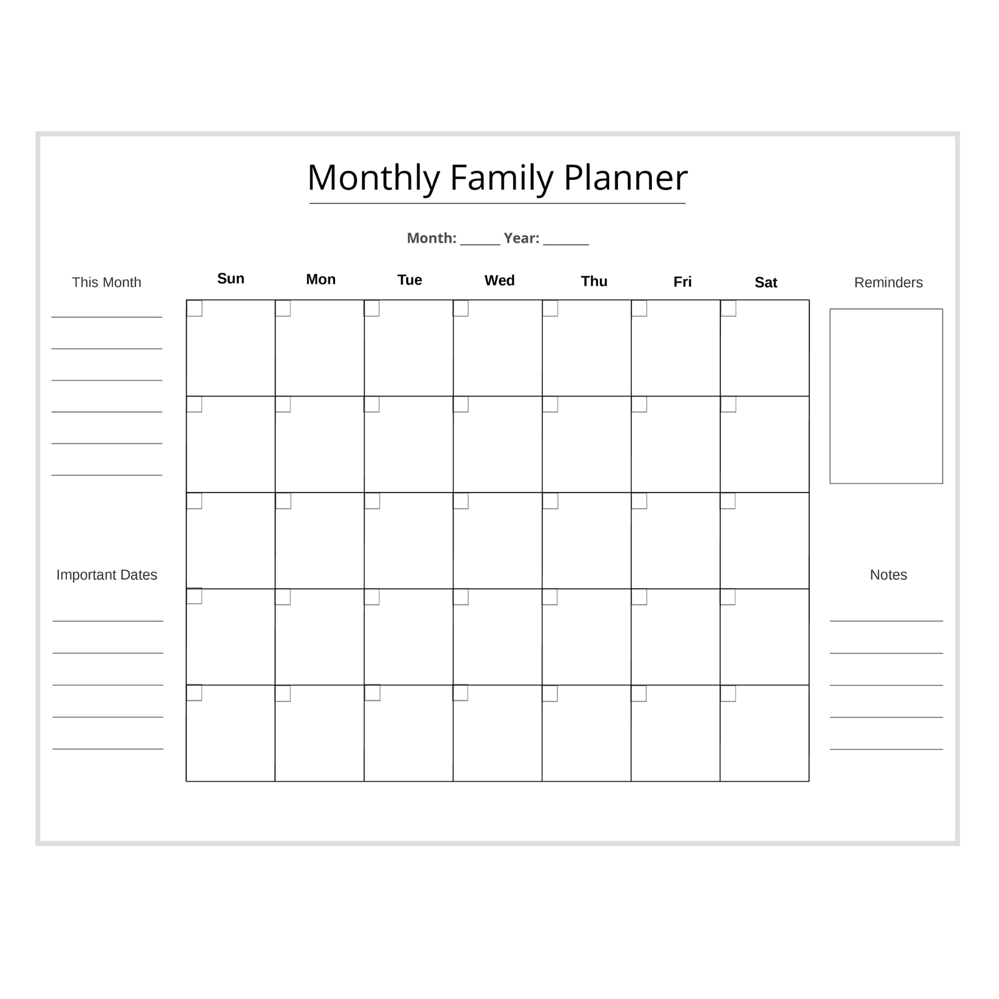 Blank monthly family planner with calendar grid and additional notes space.