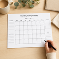 Monthly family planner on a desk with a cup of coffee and pen