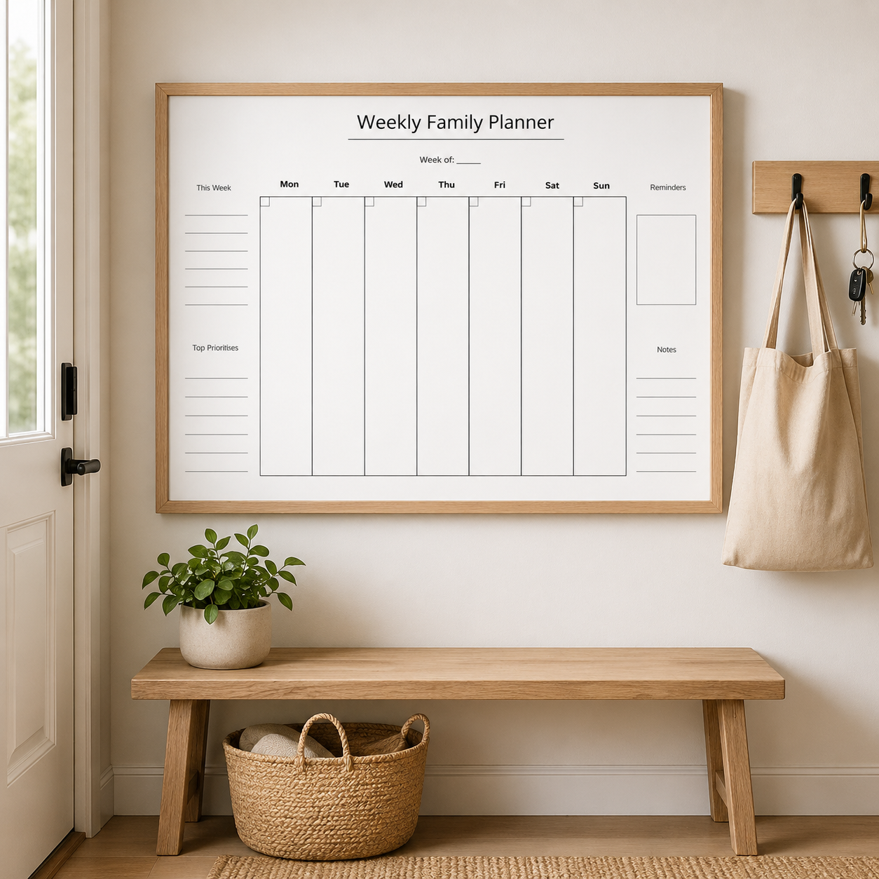 Weekly family planner printable shown in a minimalist entryway mockup above a wooden bench, with a potted plant, woven basket, wall hooks, keys and a neutral tote bag.