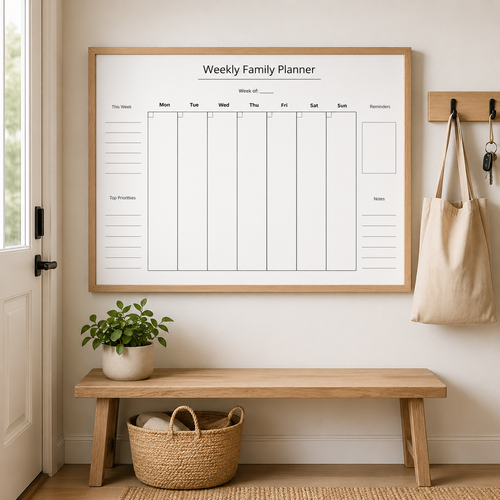 Weekly family planner printable shown in a minimalist entryway mockup above a wooden bench, with a potted plant, woven basket, wall hooks, keys and a neutral tote bag.