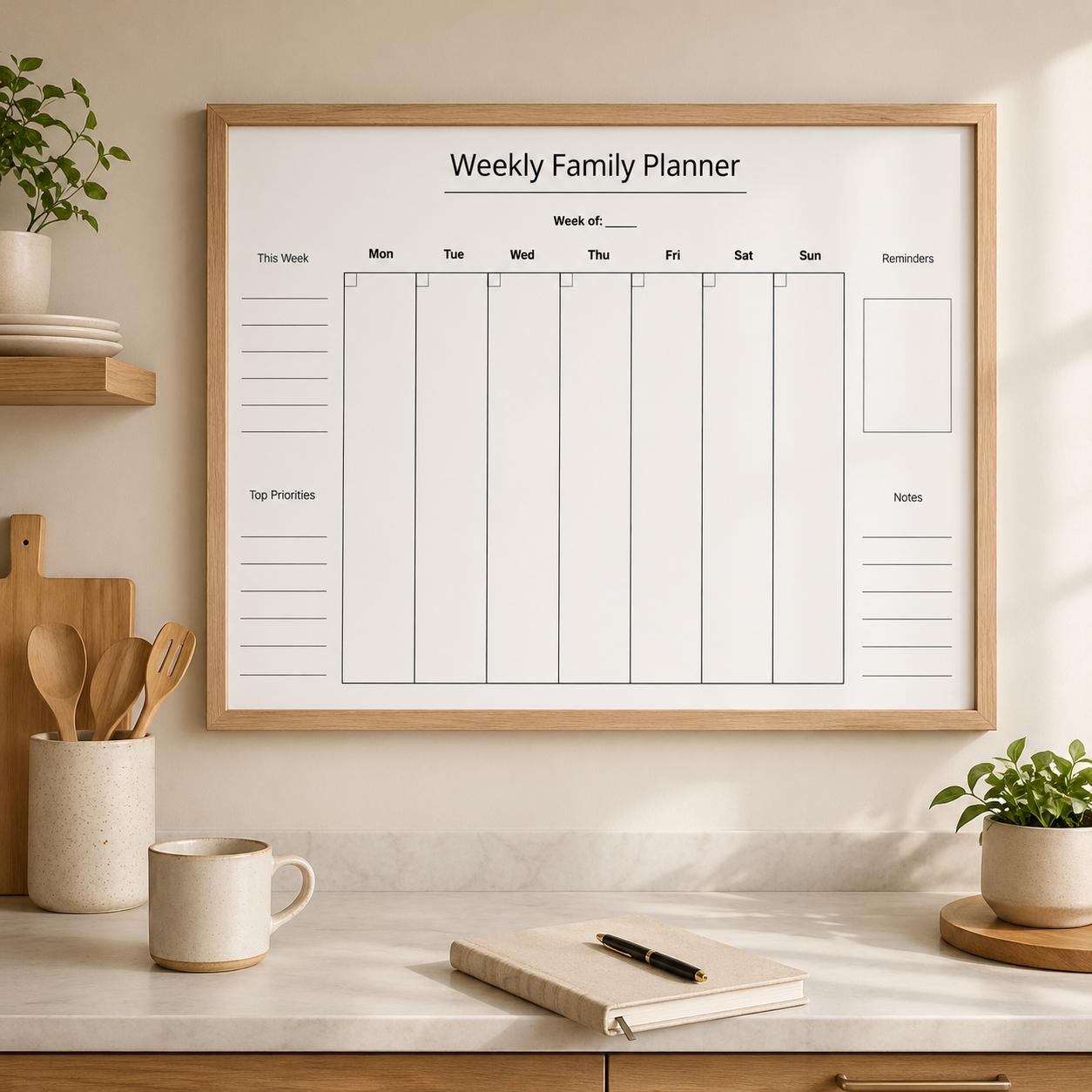 Weekly family planner printable shown in a minimalist kitchen mockup with a light wood frame, neutral decor, soft natural light, wooden utensils, a mug and a notebook on a marble countertop.