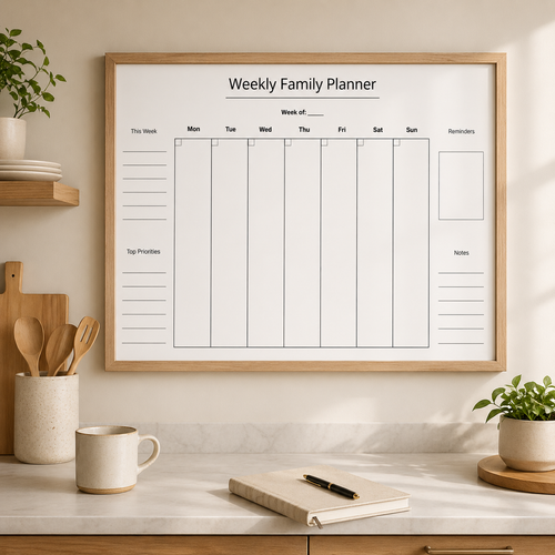 Weekly family planner printable shown in a minimalist kitchen mockup with a light wood frame, neutral decor, soft natural light, wooden utensils, a mug and a notebook on a marble countertop.