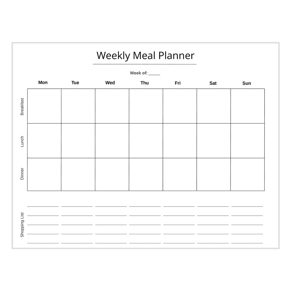 Weekly meal planner template with days of the week and sections for breakfast, lunch, dinner, and a shopping list.