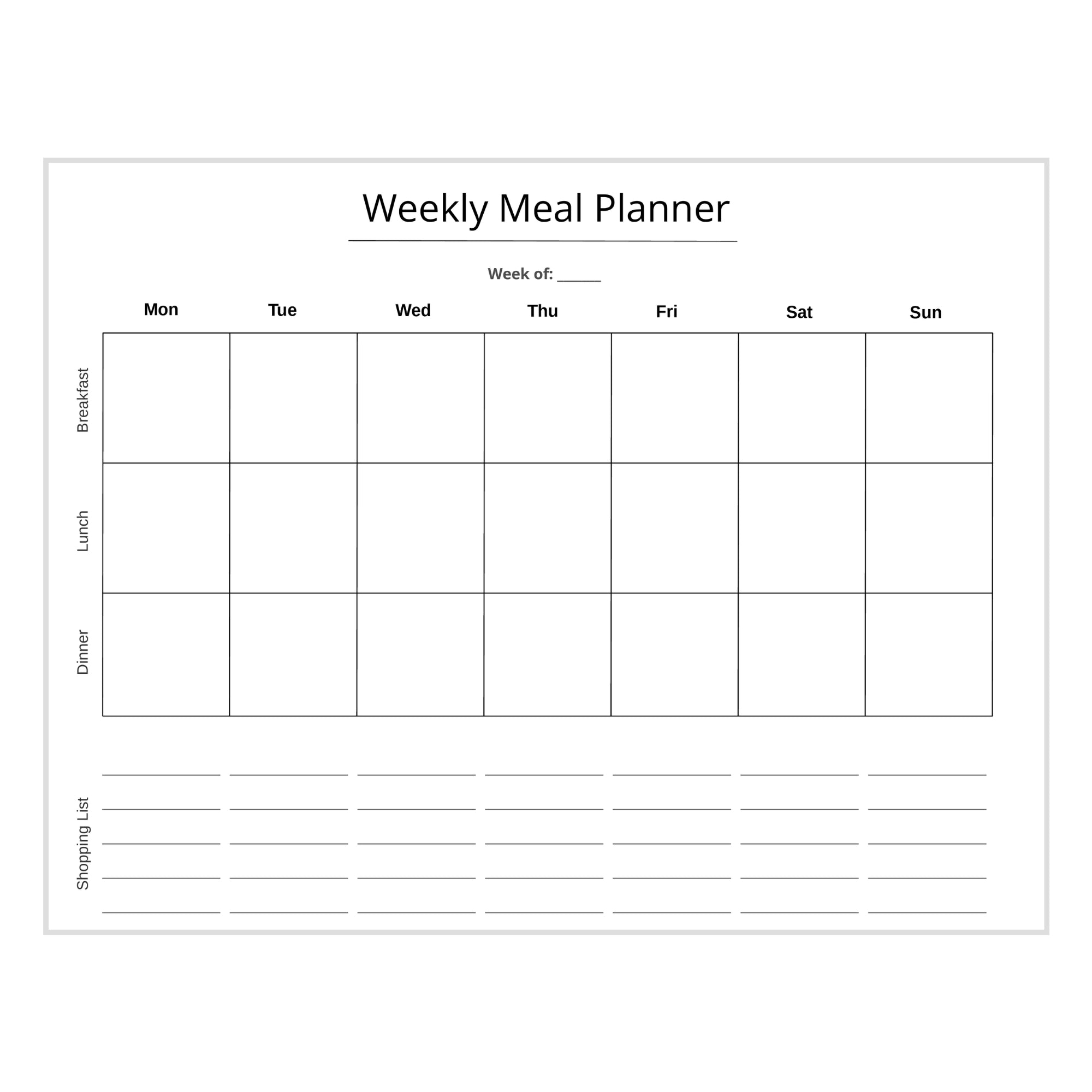 Weekly meal planner template with days of the week and sections for breakfast, lunch, dinner, and a shopping list.