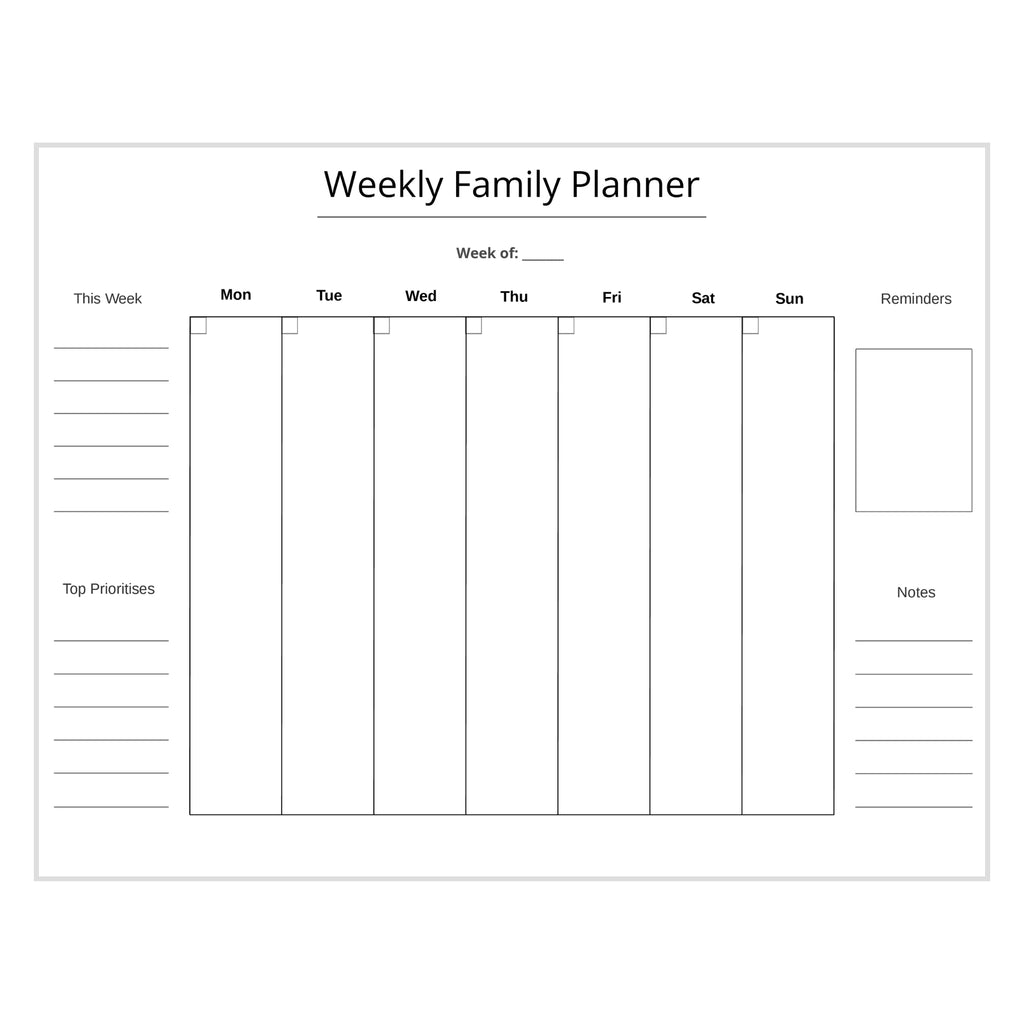 Weekly family planner with days of the week and sections for top priorities and notes.