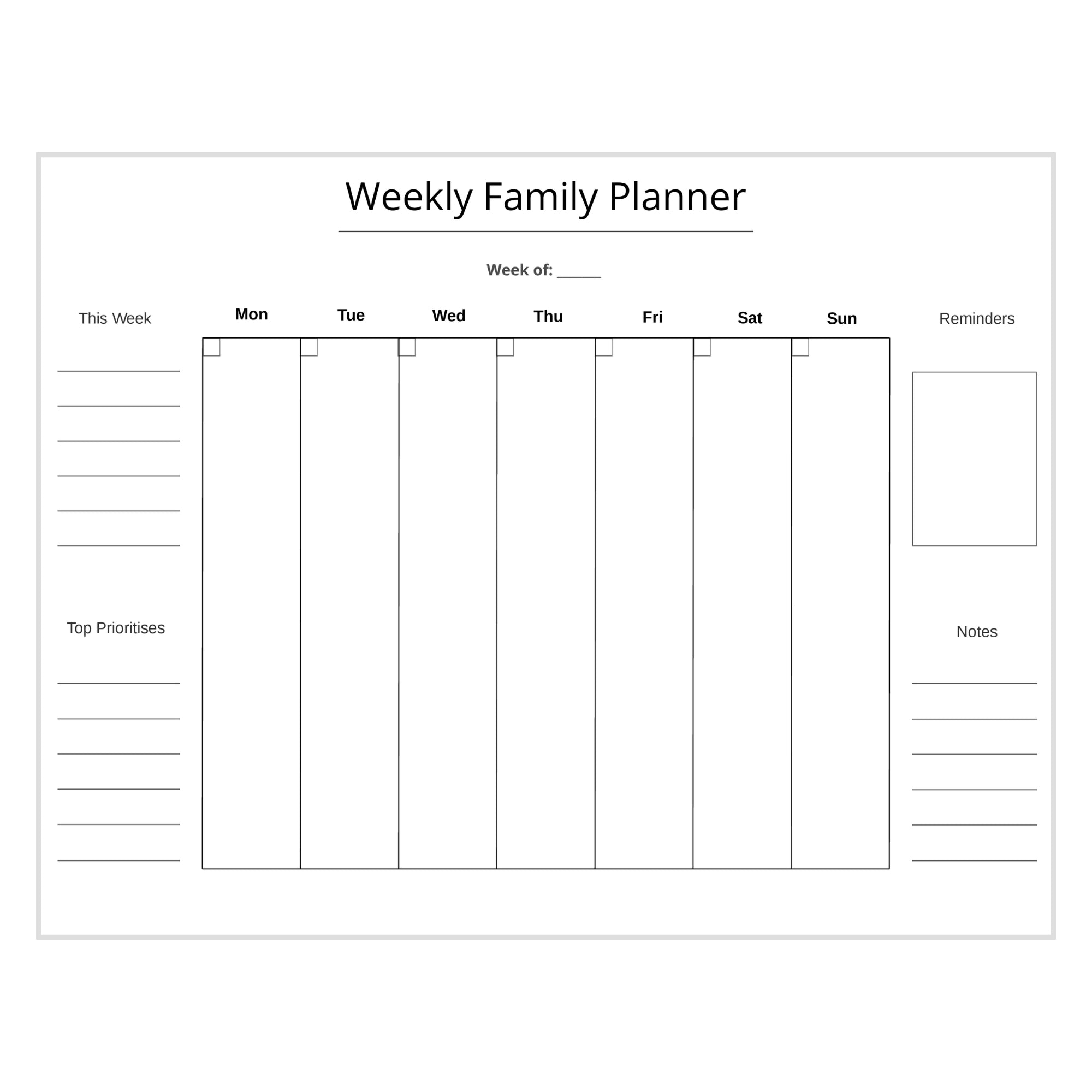 Weekly family planner with days of the week and sections for top priorities and notes.